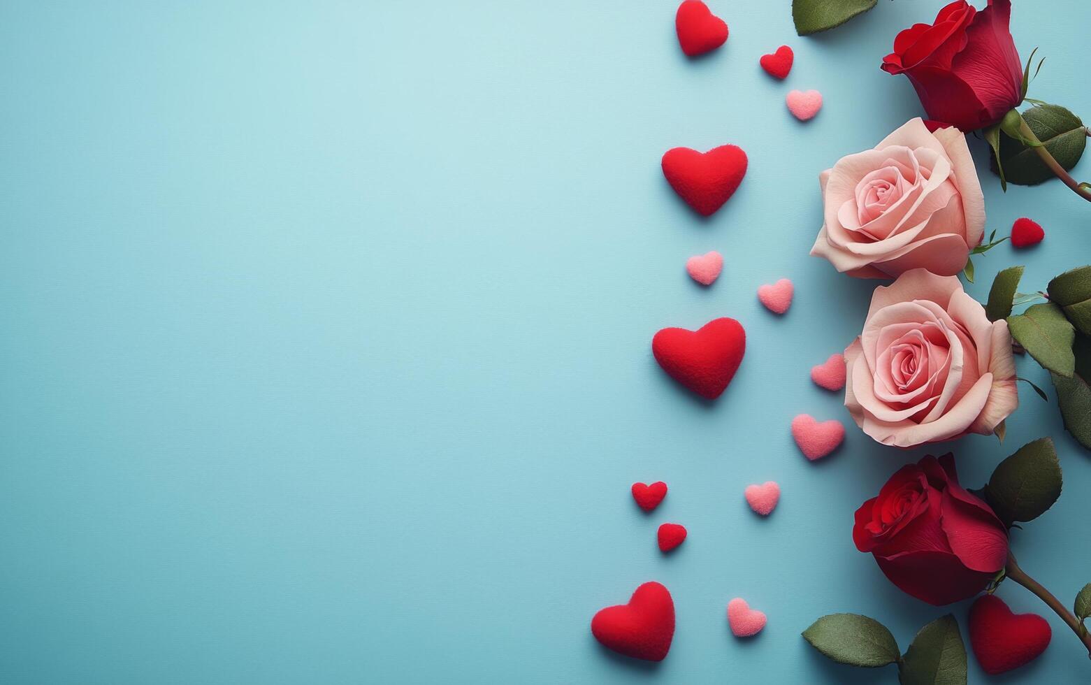 Beautiful arrangement of pink and red roses on a light blue background with heart-shaped decorations for a photo