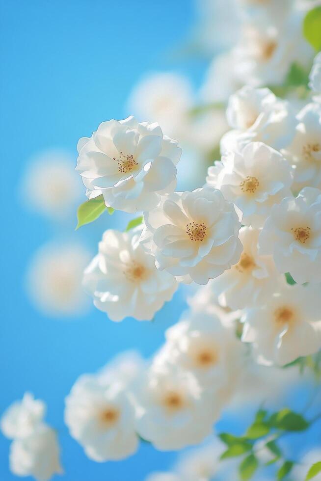 Delicate white roses blooming under a bright blue sky with soft clouds in a serene garden setting during photo