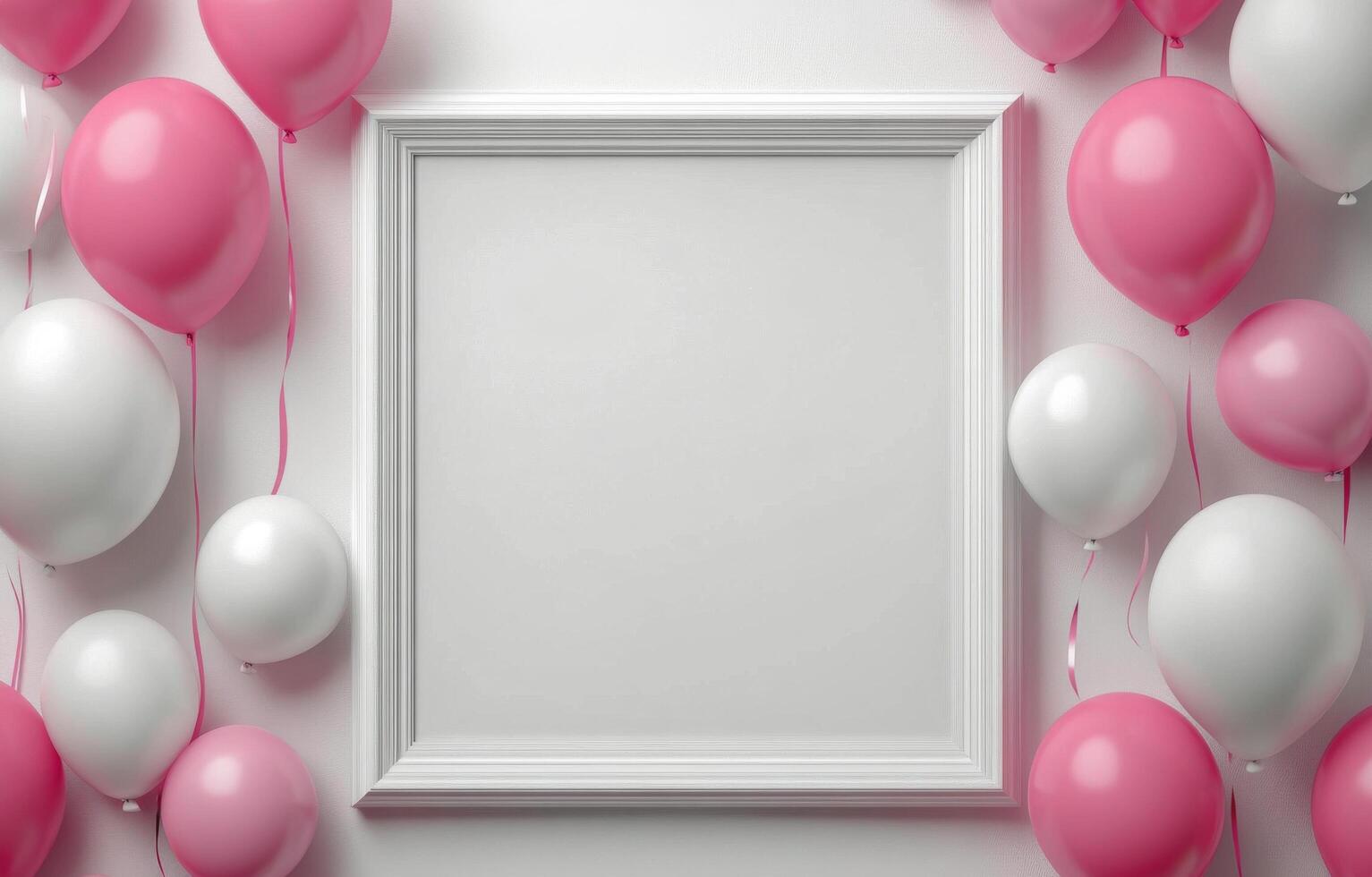 Colorful pink and white balloons surrounding empty frame on white background for decoration and celebration photo