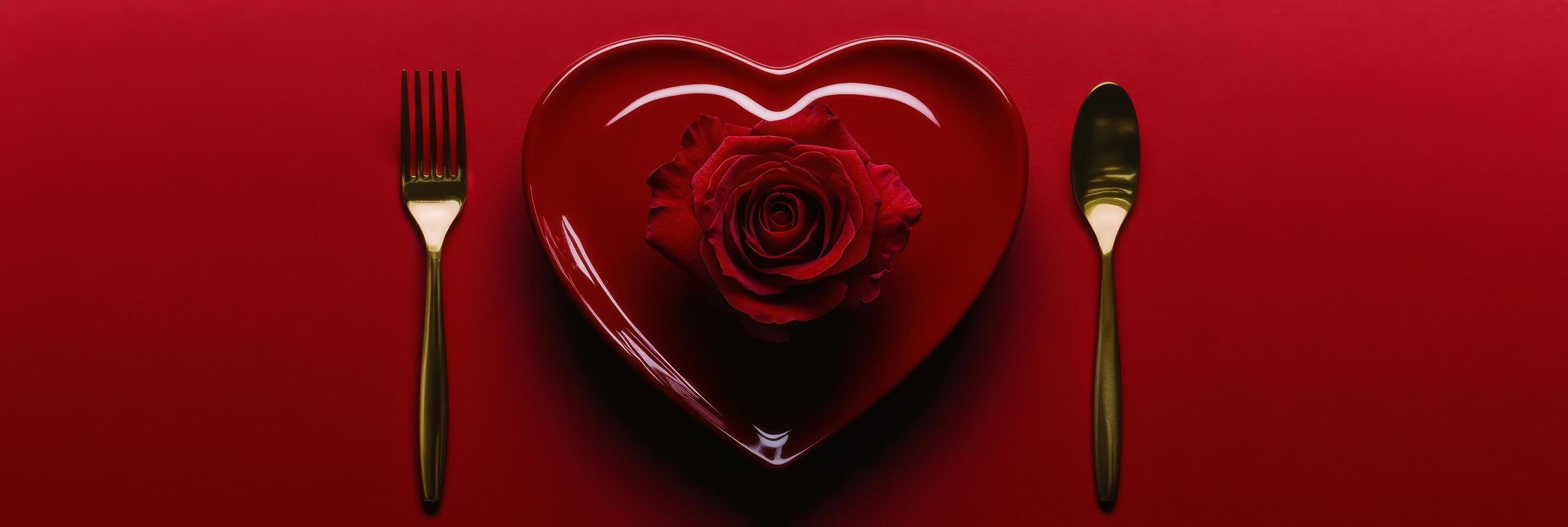 Romantic dinner setting with red heart shaped dessert and rose on a plate in warm lighting photo