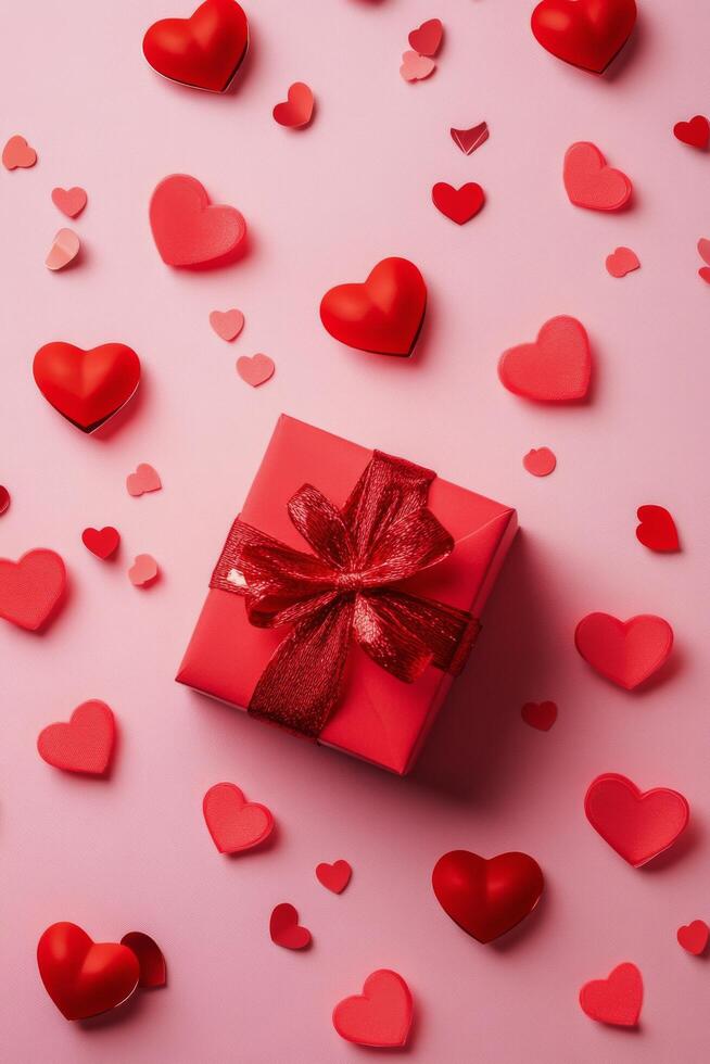 Gift box wrapped in red ribbon surrounded by red hearts and rose petals on a pink background creating a festive photo