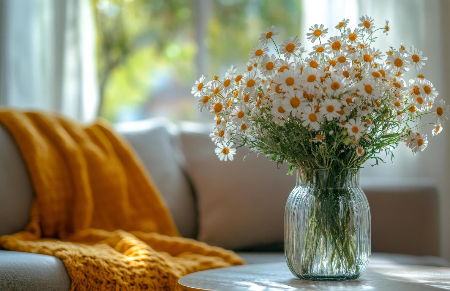 Bright daisies in a clear vase bring freshness to a cozy living room with bright sunlight filtering through photo