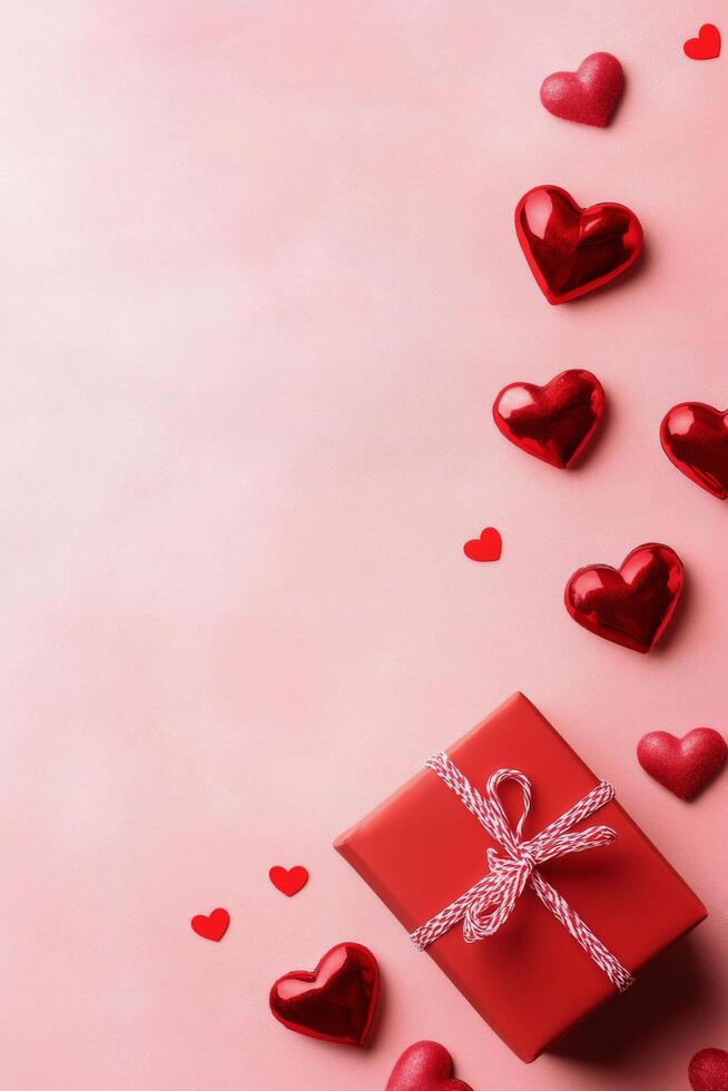 Gift box wrapped in red ribbon surrounded by red hearts and rose petals on a pink background creating a festive photo