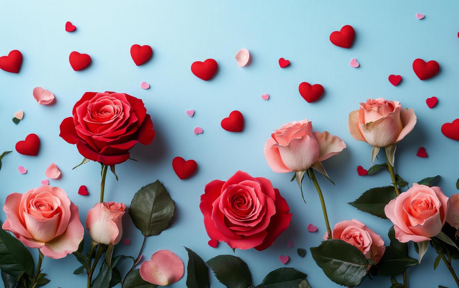 Beautiful arrangement of pink and red roses on a light blue background with heart-shaped decorations for a photo
