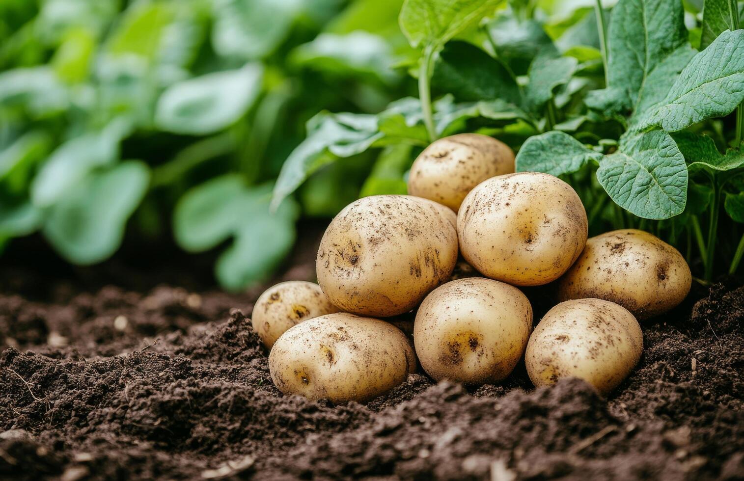 Freshly harvested potatoes nestled in rich soil among vibrant green spinach leaves in a sunny garden setting photo