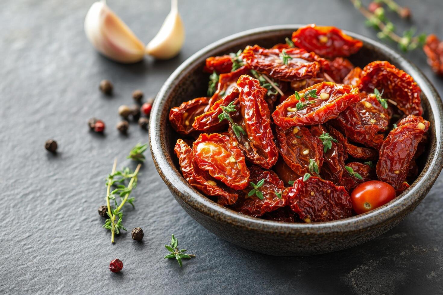 Sun-dried tomatoes packed in a bowl with herbs and spices on a kitchen countertop ready for use in culinary photo