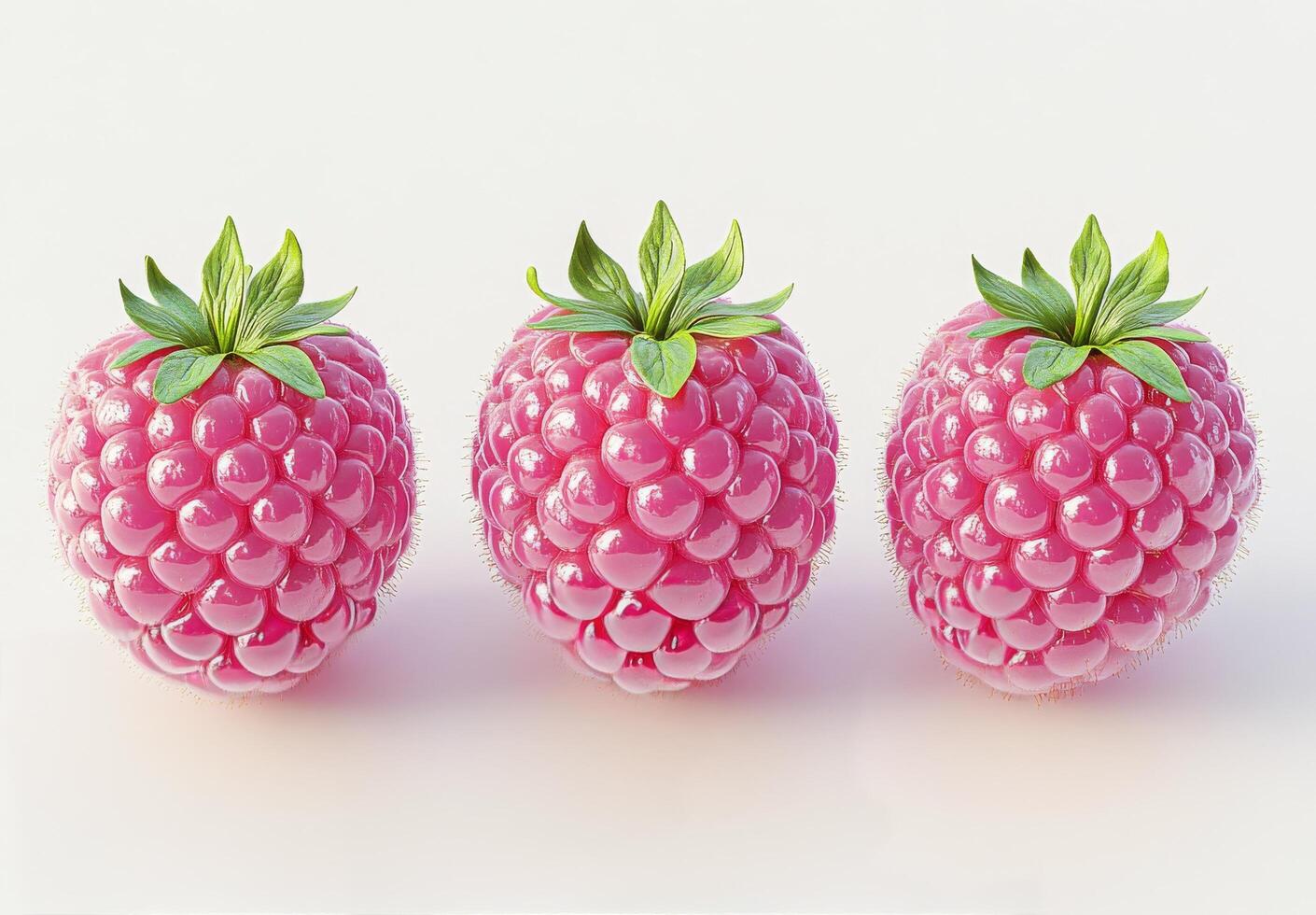 Three vibrant pink raspberries arranged in a row on a light background showcasing their texture and freshness photo