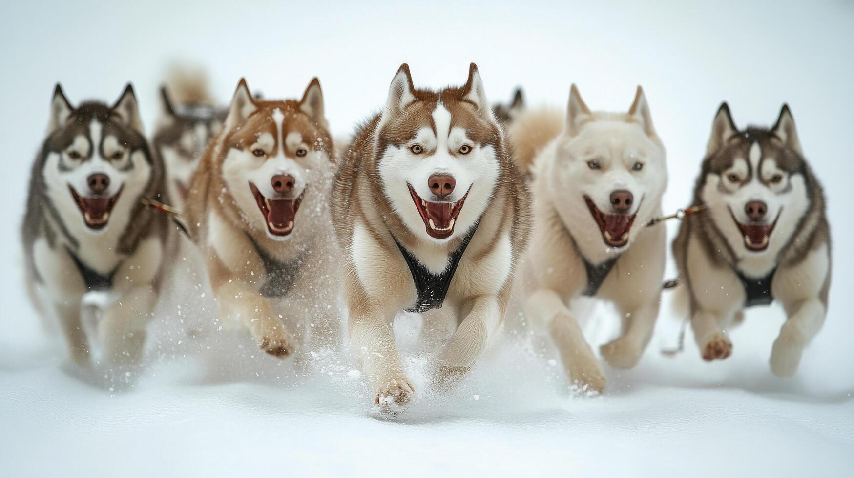 Sled dog team races through a snowy landscape under a clear winter sky in a frosty environment, showcasing the photo