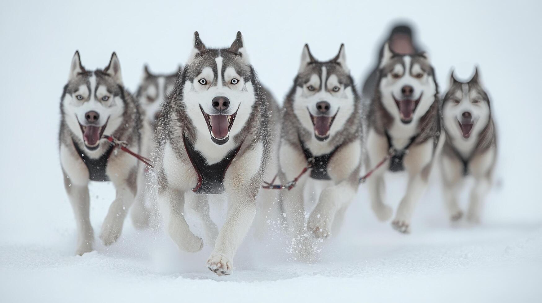 Sled dog team races through a snowy landscape under a clear winter sky in a frosty environment, showcasing the photo