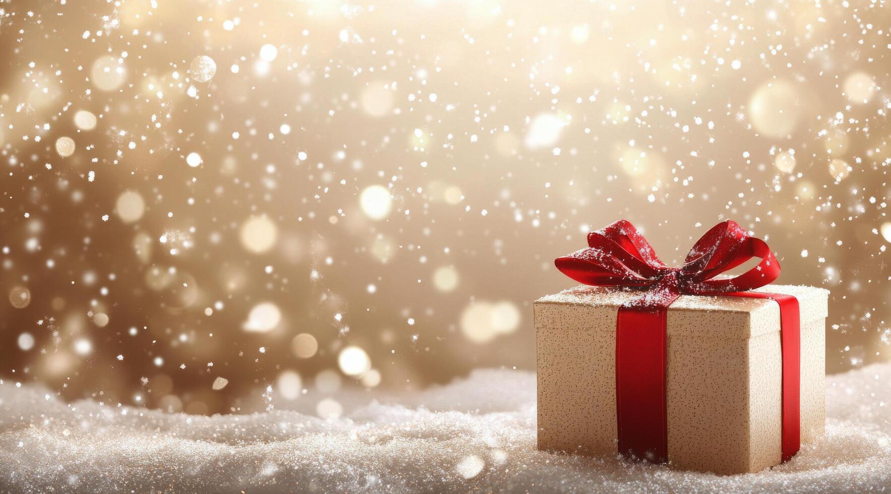 Winter gift box with red ribbon on snowy surface surrounded by sparkling lights creating a festive atmosphere photo