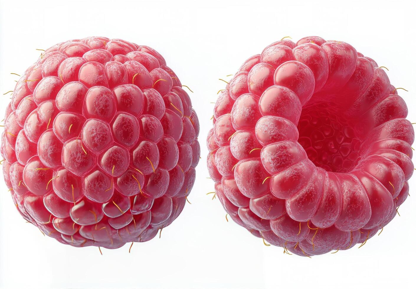 Three vibrant pink raspberries arranged in a row on a light background showcasing their texture and freshness photo