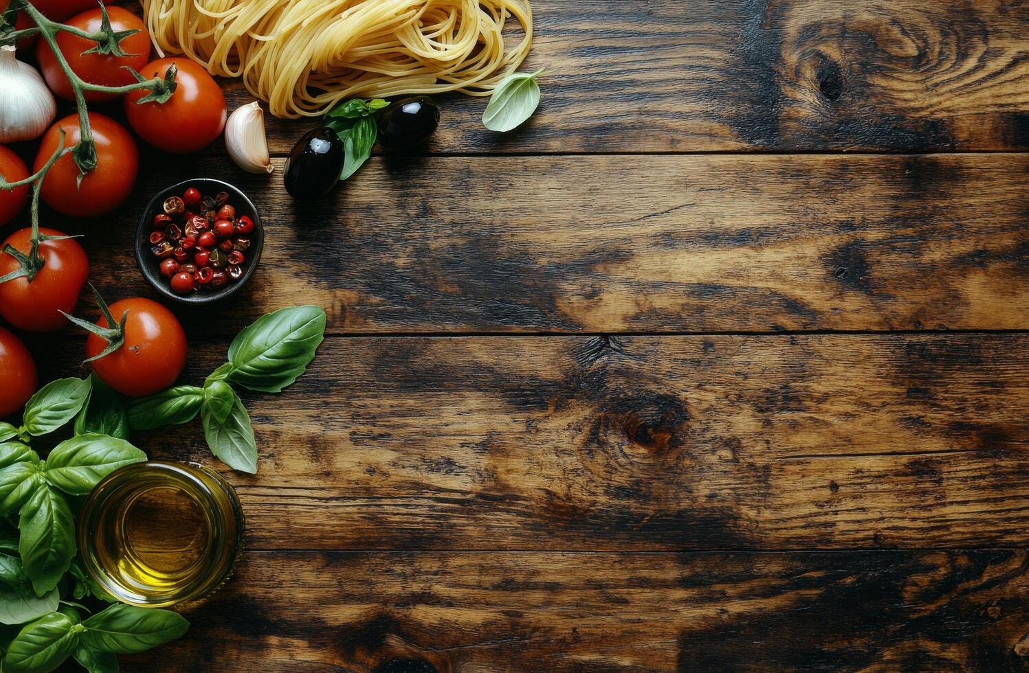 Fresh ingredients arranged on a wooden table including pasta, tomatoes, garlic, olives, and herbs for a photo
