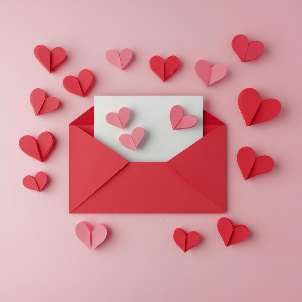 Colorful hearts surround a decorative envelope on a soft pink background for a romantic occasion or celebration photo