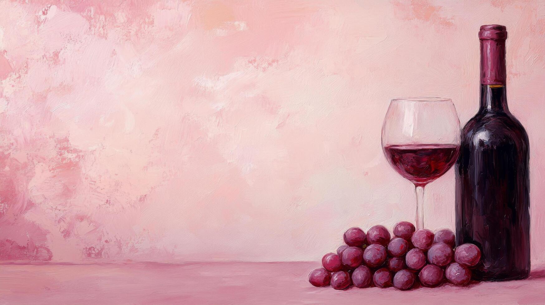 Red wine in a glass beside a bottle and freshly picked grapes on a soft pink background creating a warm and photo