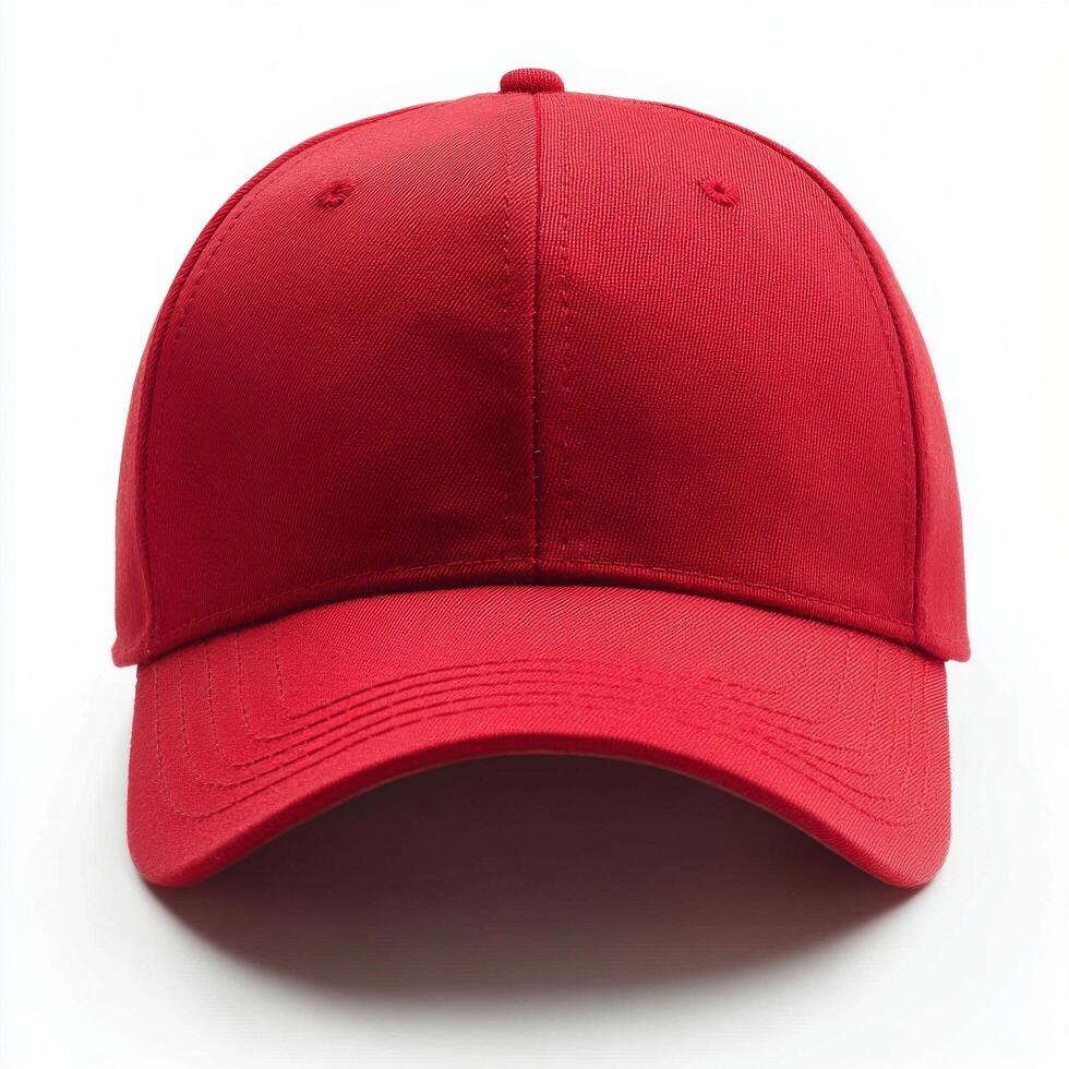 Bright red baseball cap displayed against a white background, showcasing its simple yet timeless design for photo