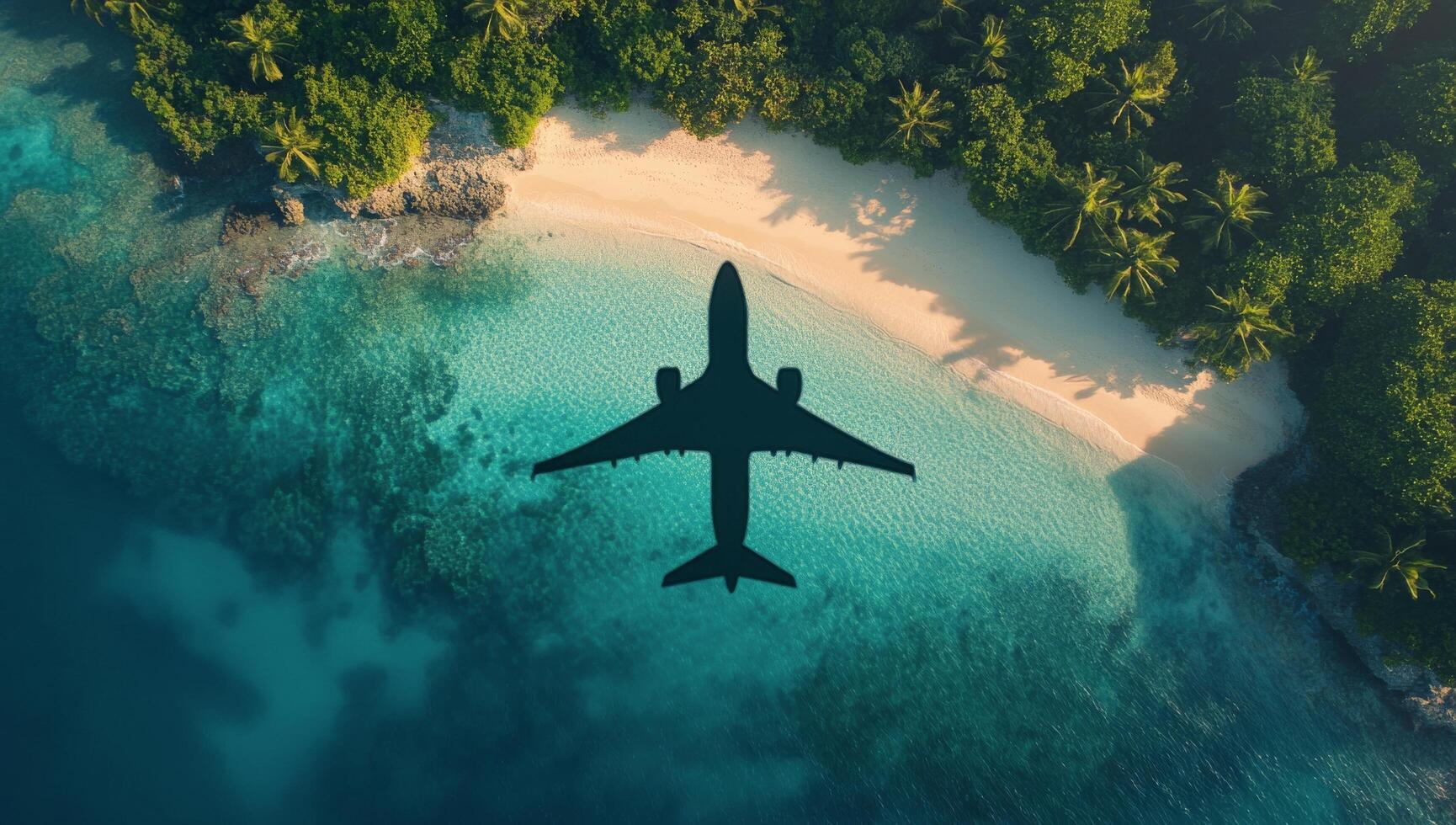 Shadow of an airplane glides over a turquoise beach surrounded by lush greenery during a clear day in a tropical photo
