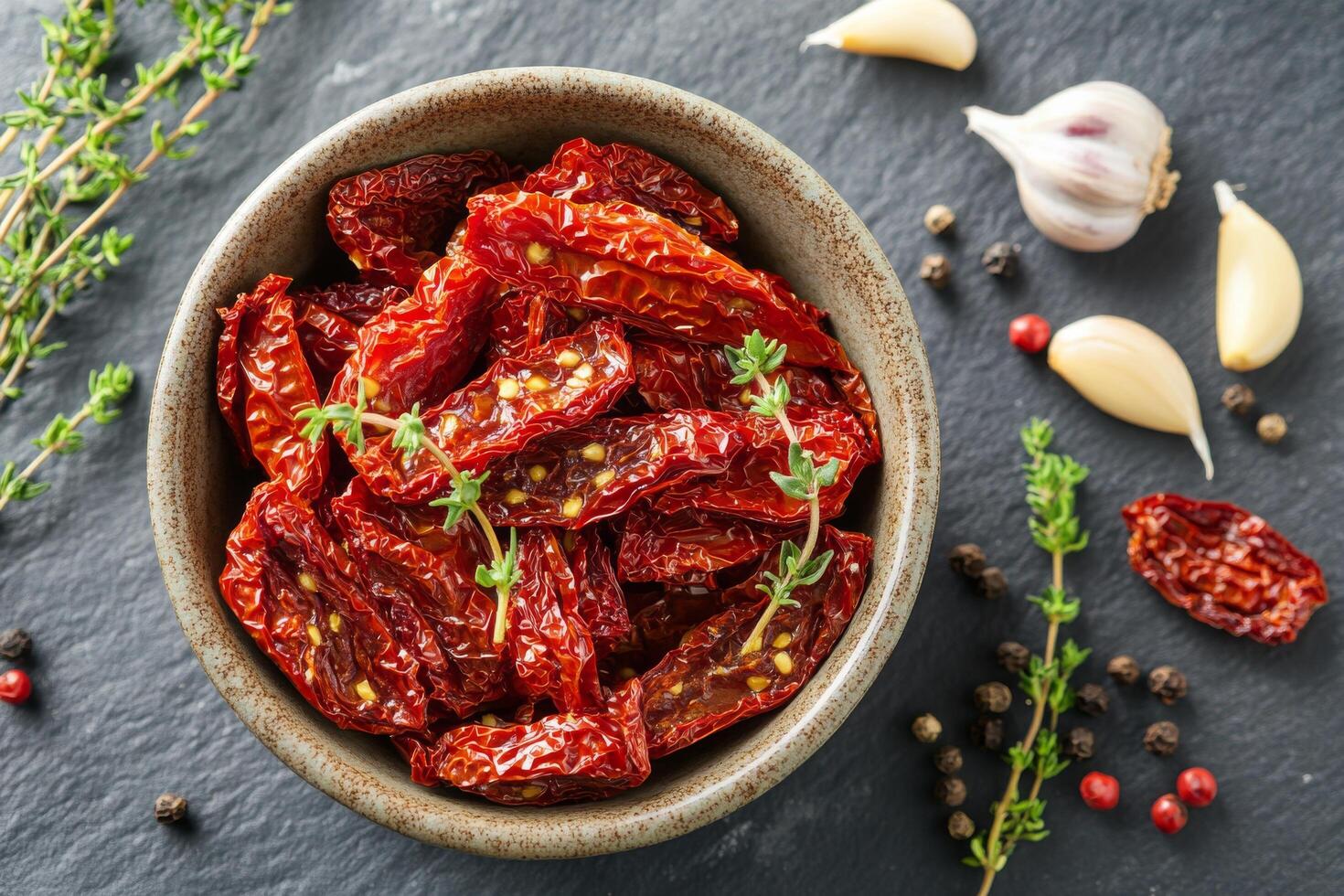 Sun-dried tomatoes packed in a bowl with herbs and spices on a kitchen countertop ready for use in culinary photo