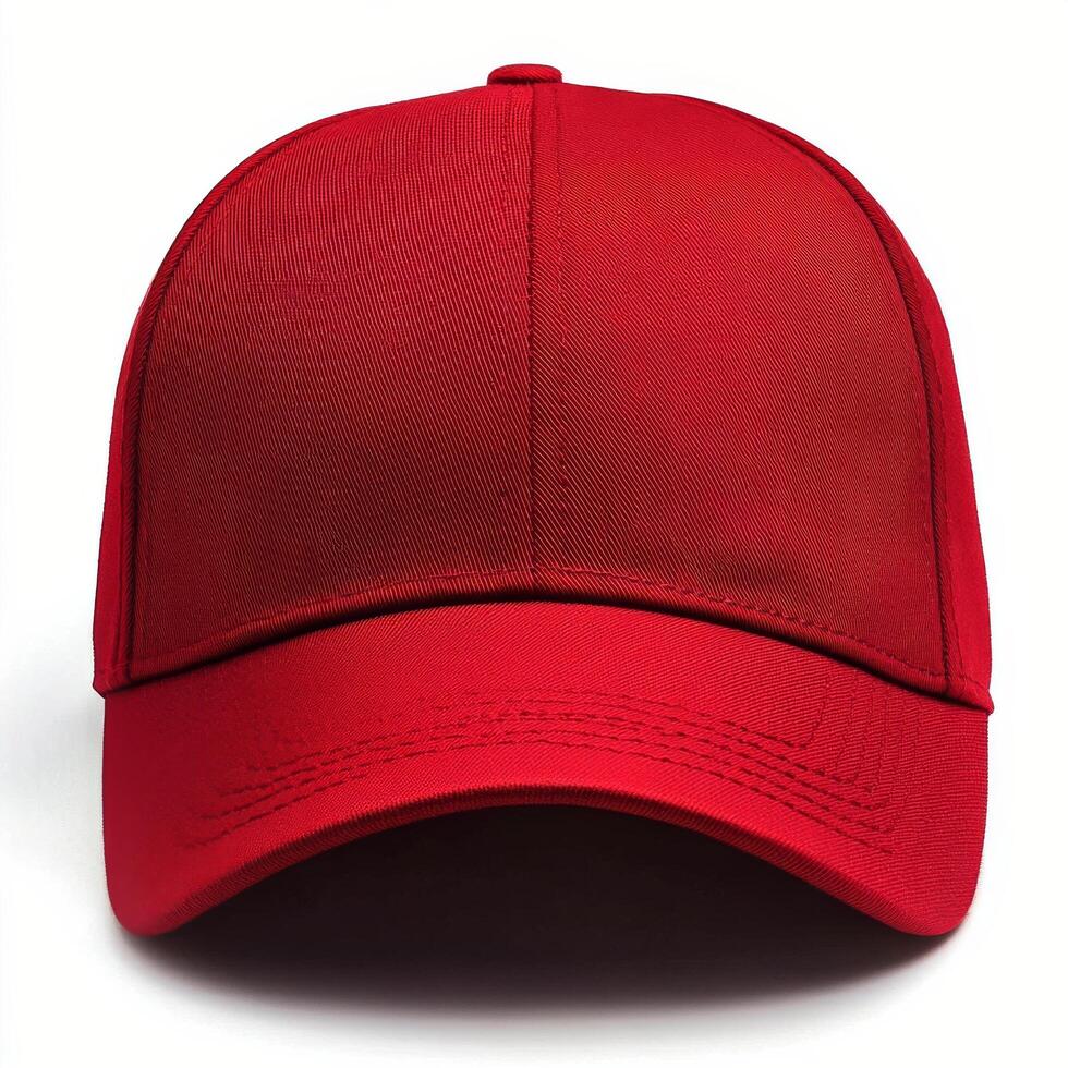 Bright red baseball cap displayed against a white background, showcasing its simple yet timeless design for photo