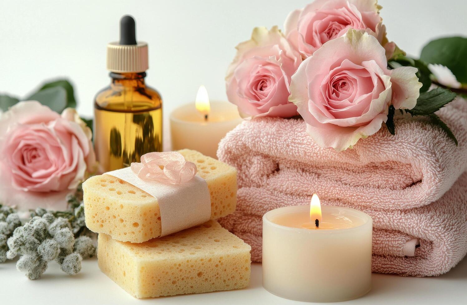 Relaxing spa setup with roses, candles, and natural skincare products creating a soothing ambiance for self-care photo