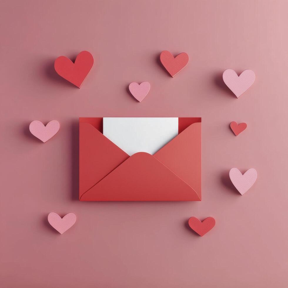 Colorful hearts surround a decorative envelope on a soft pink background for a romantic occasion or celebration photo