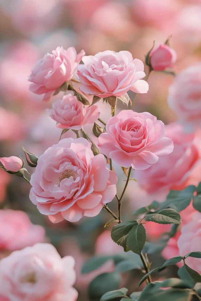 Beautiful pink roses blooming in a garden during spring, showcasing their vibrant colors and delicate petals photo