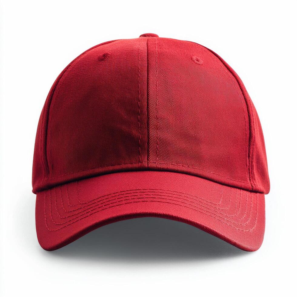 Bright red baseball cap displayed against a white background, showcasing its simple yet timeless design for photo