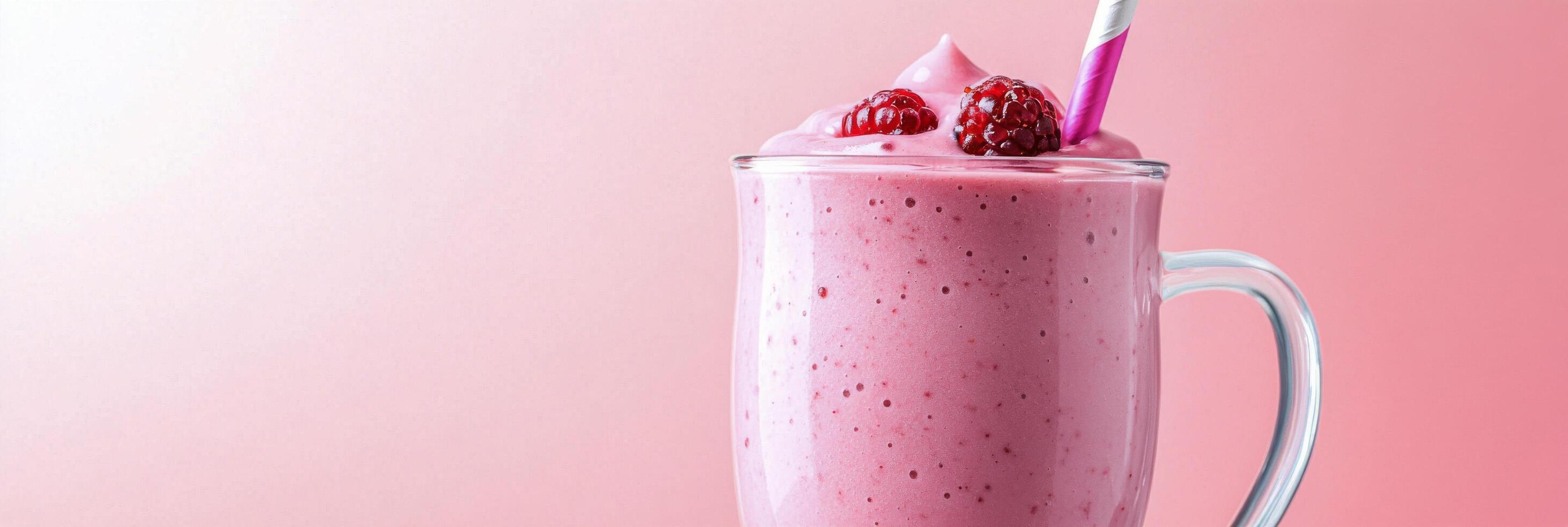 Delicious pink smoothie topped with fresh raspberries served in a clear glass mug against a pastel background photo