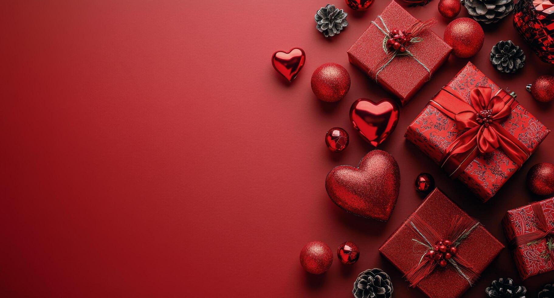 Festive red presents and hearts arranged on a vibrant red background for a joyful celebration or special photo