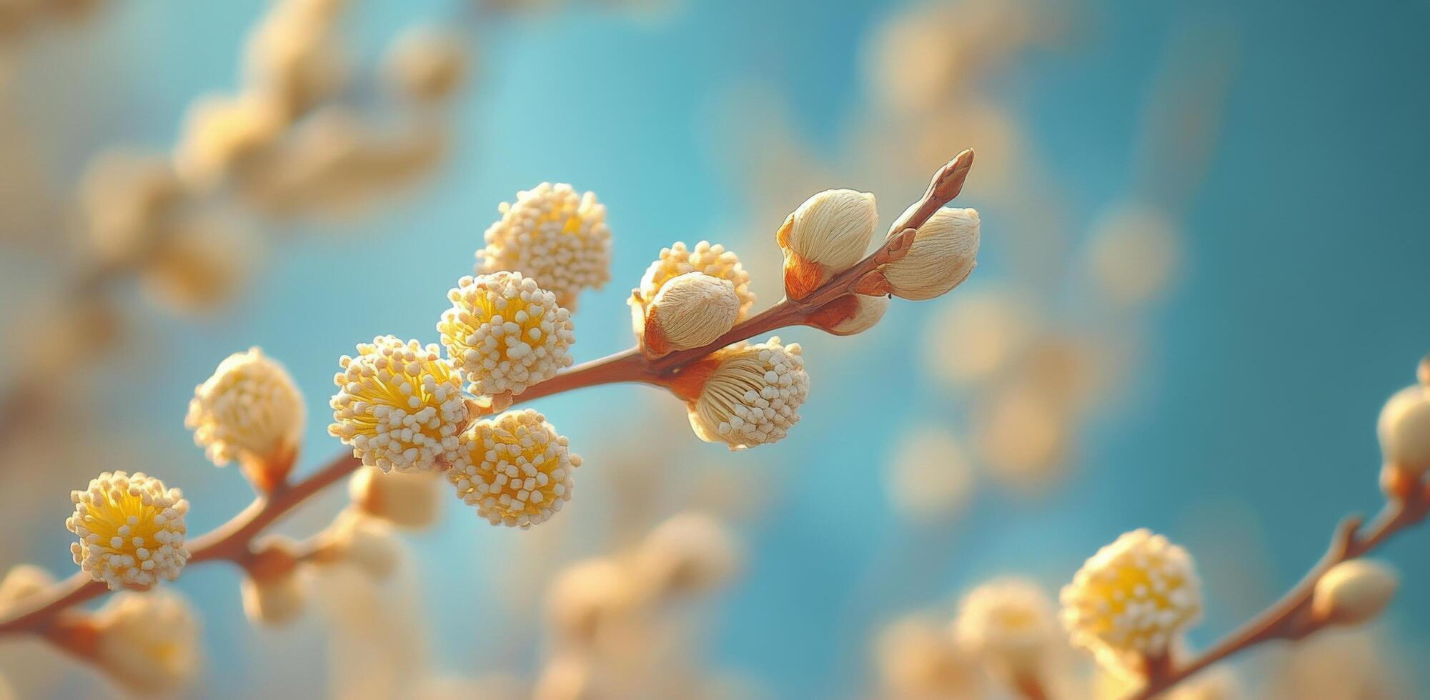 Blossoming catkins on a branch highlighting the arrival of spring in a serene outdoor setting with soft blue photo