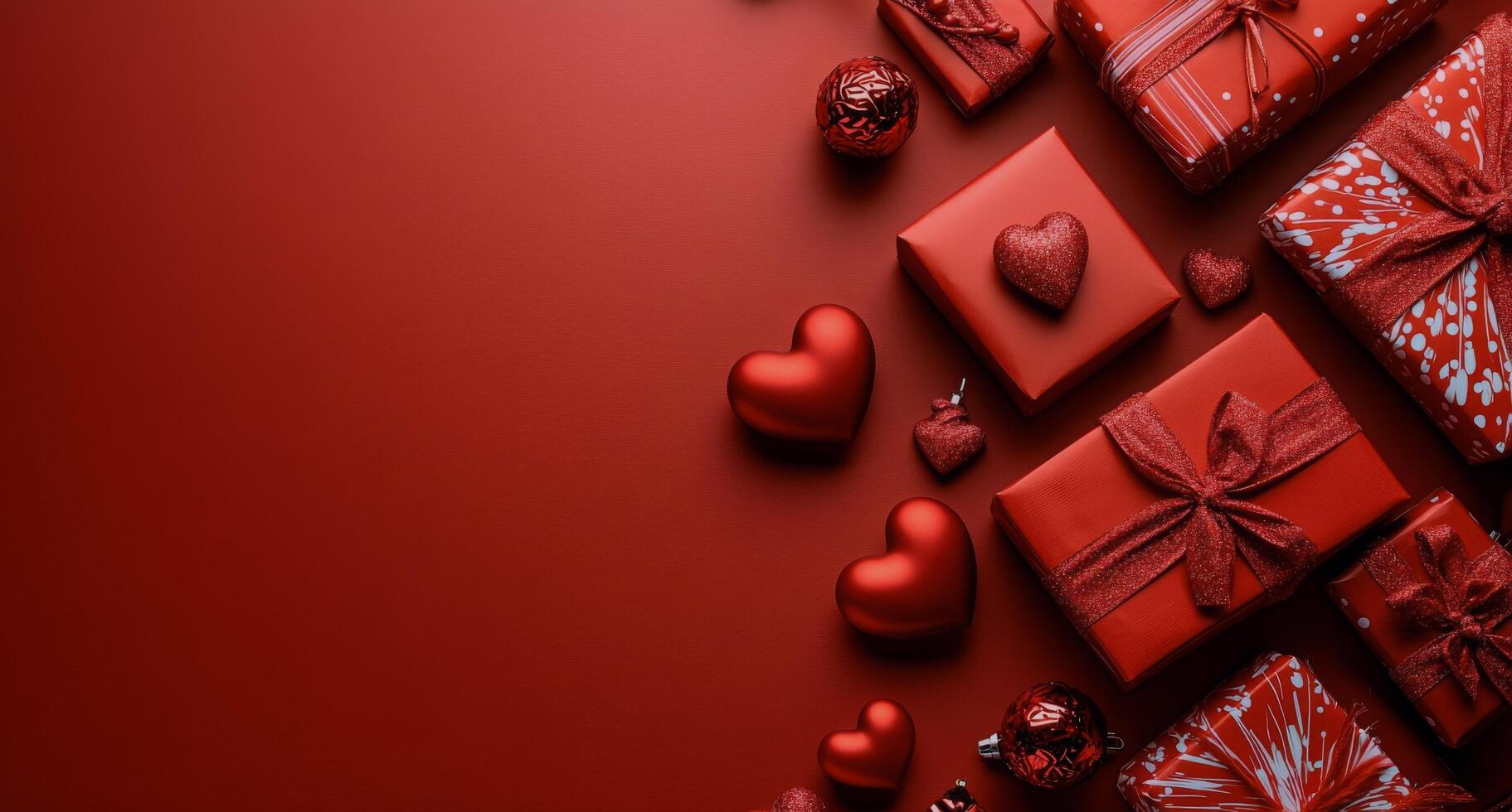 Festive red presents and hearts arranged on a vibrant red background for a joyful celebration or special photo