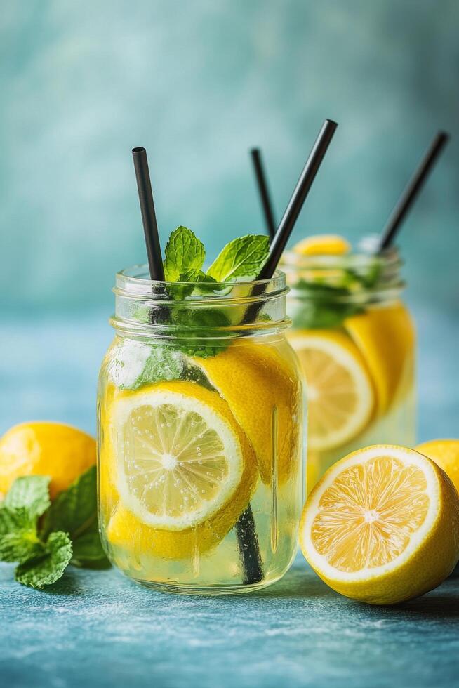 Refreshing mint lemonade in glass jars garnished with lemon slices and mint leaves on a blue background photo
