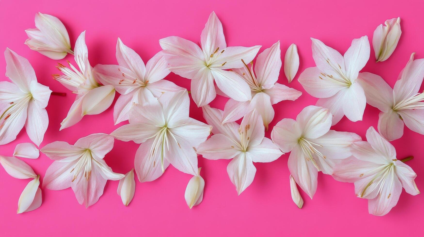Delicate white petals scattered on a soft pink background, creating a serene and calming aesthetic ideal for photo
