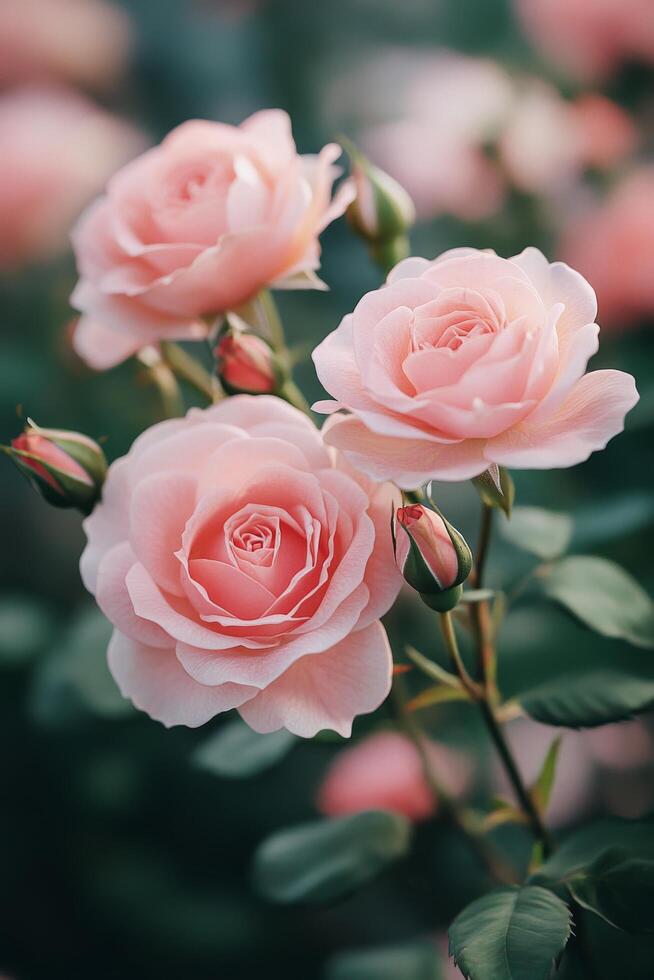 Beautiful pink roses blooming in a garden during spring, showcasing their vibrant colors and delicate petals photo