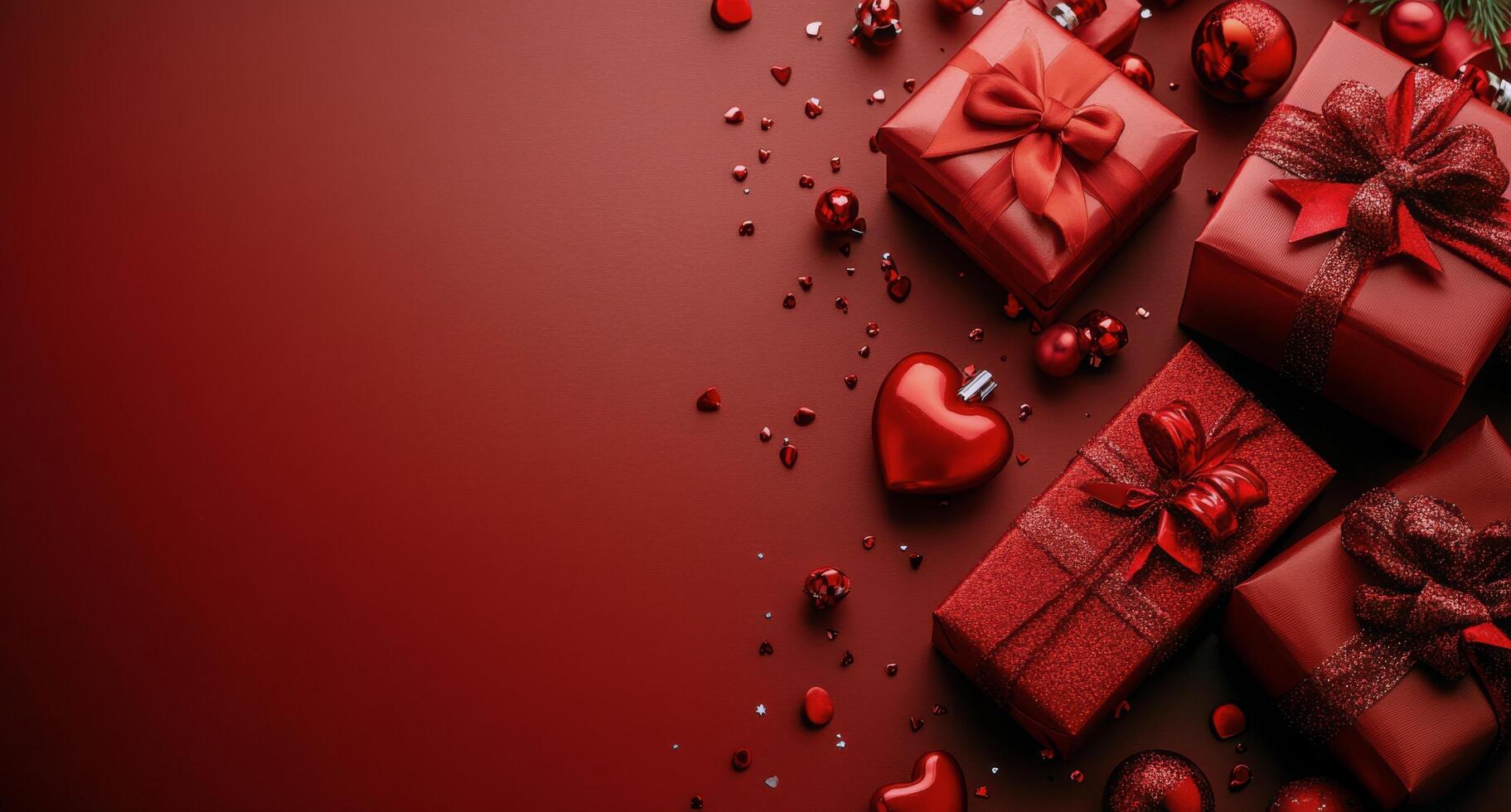 Festive red presents and hearts arranged on a vibrant red background for a joyful celebration or special photo