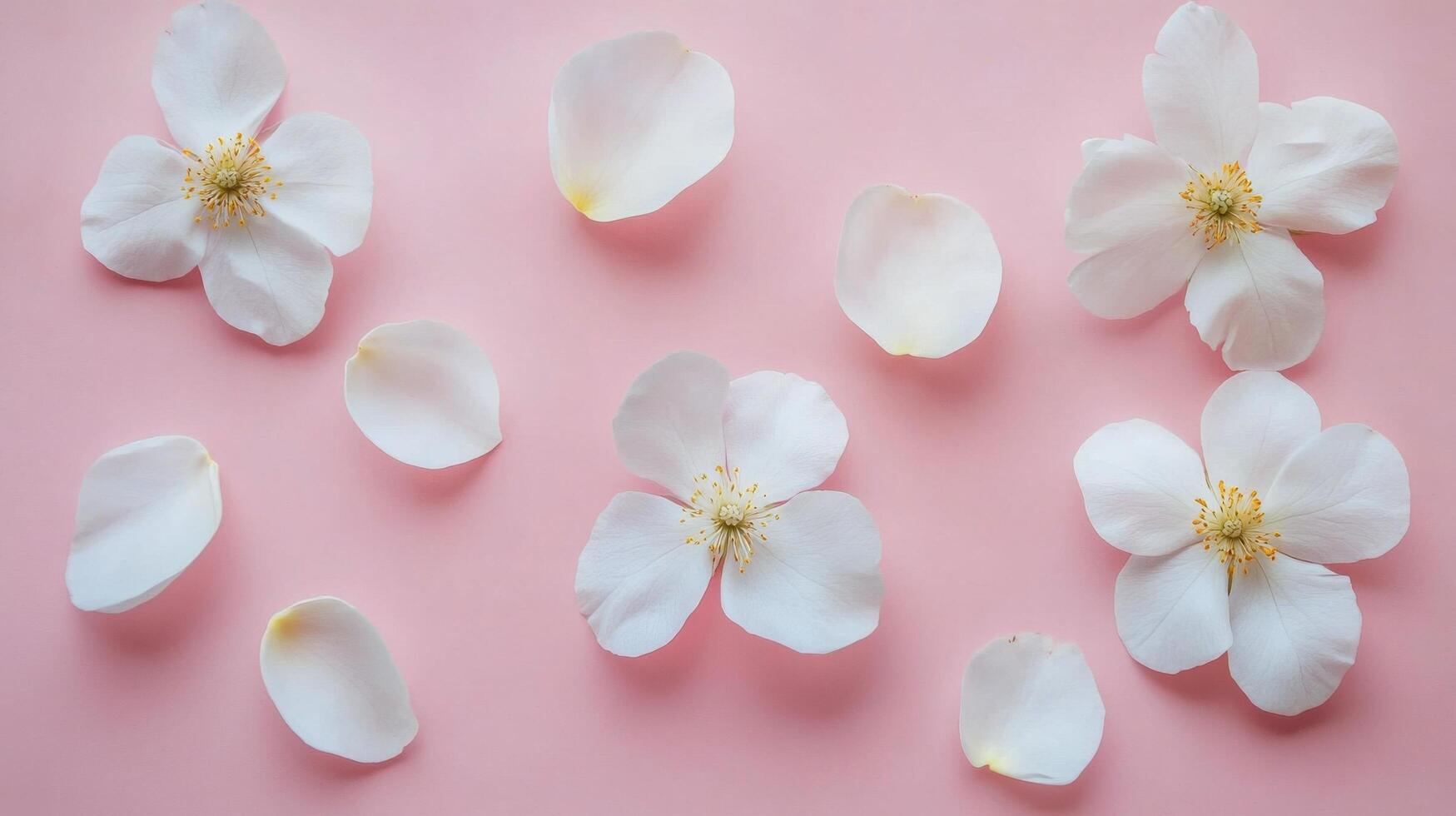 Delicate white petals scattered on a soft pink background, creating a serene and calming aesthetic ideal for photo