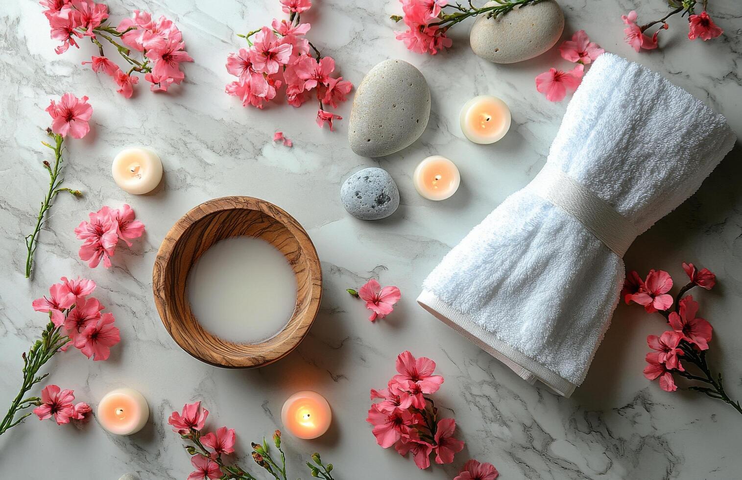 Relaxing spa setting with natural elements showcasing calm ambiance, soft towels, flowers, stones, and soothing photo