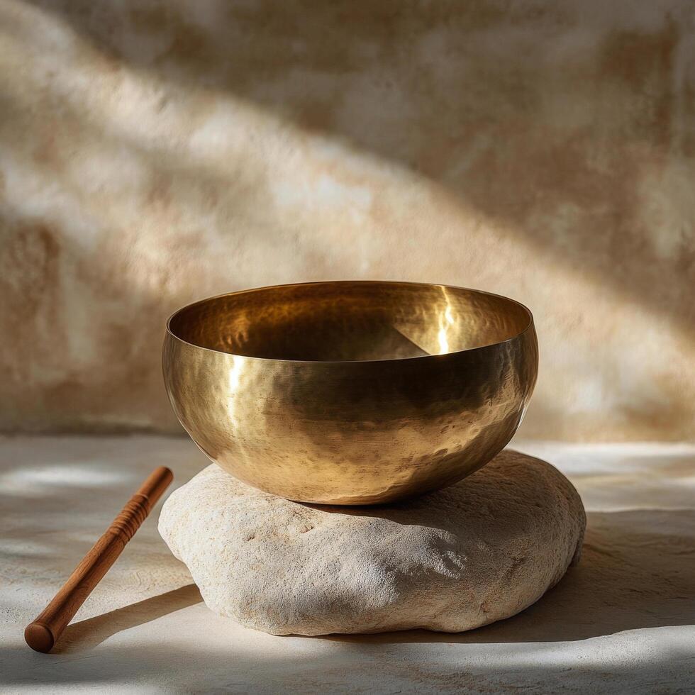 Golden singing bowl on a stone platform with a wooden mallet in soft natural light creating a serene atmosphere photo