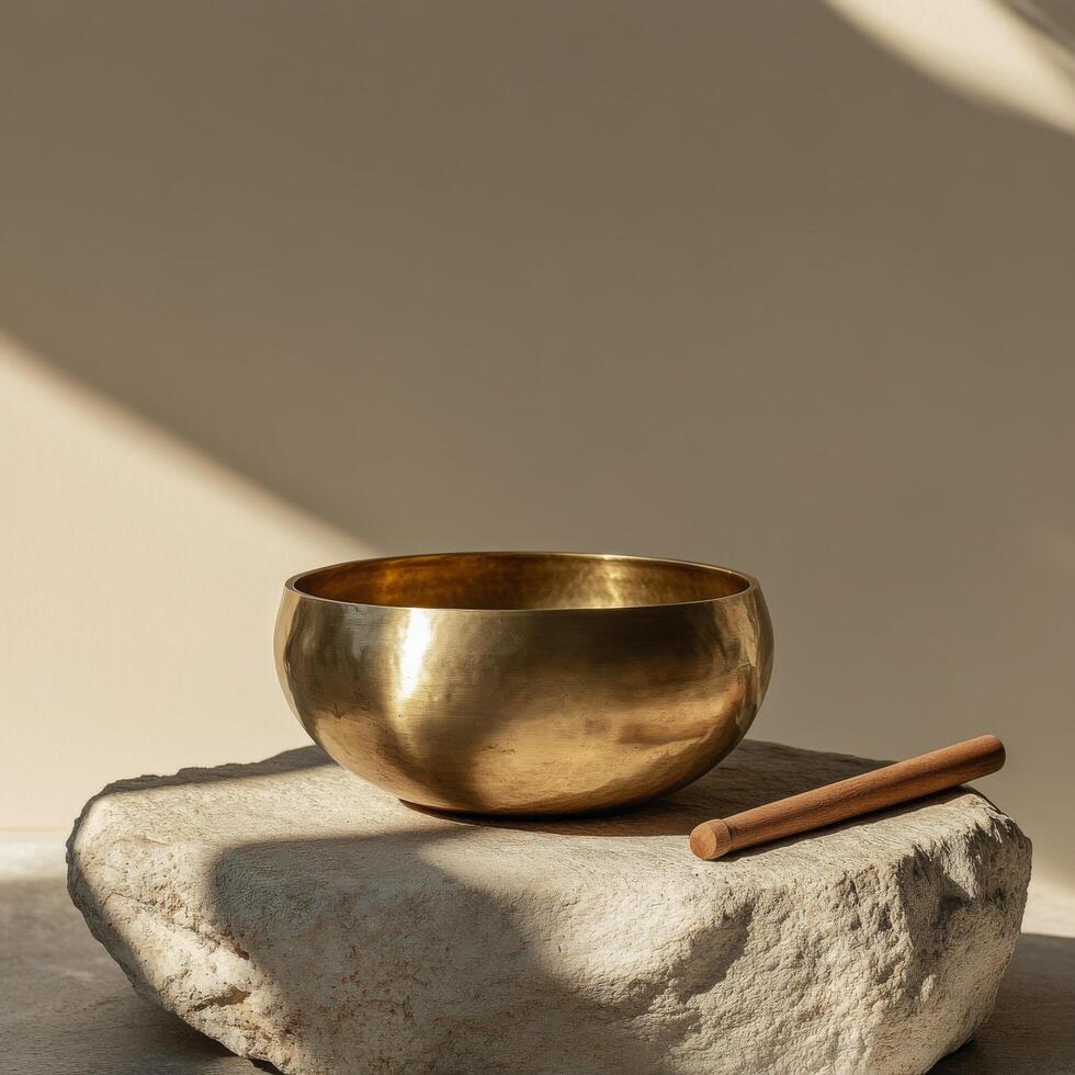 Golden singing bowl on a stone platform with a wooden mallet in soft natural light creating a serene atmosphere photo