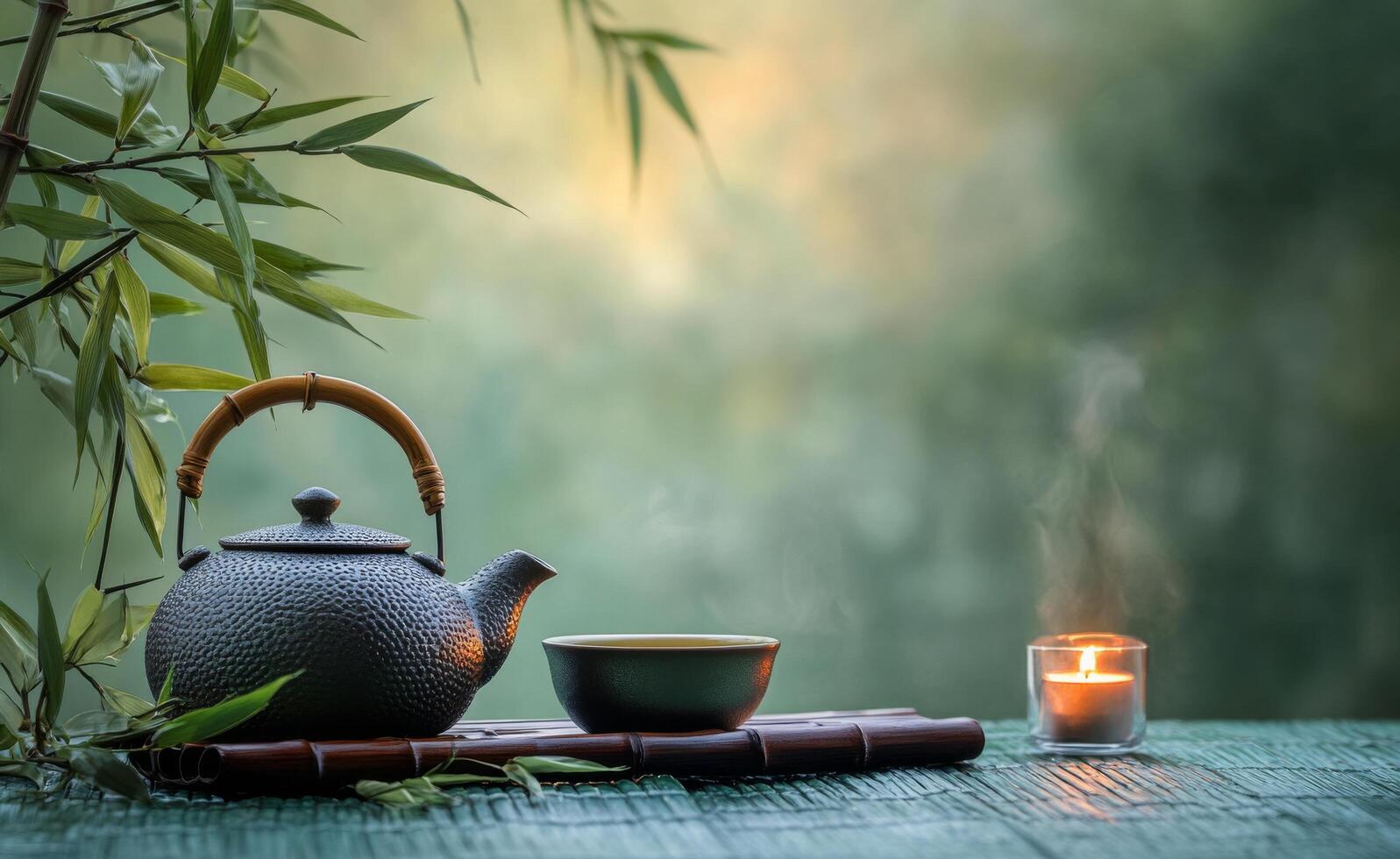 Relaxing tea preparation with a traditional teapot and candlelight in a serene bamboo setting at twilight photo