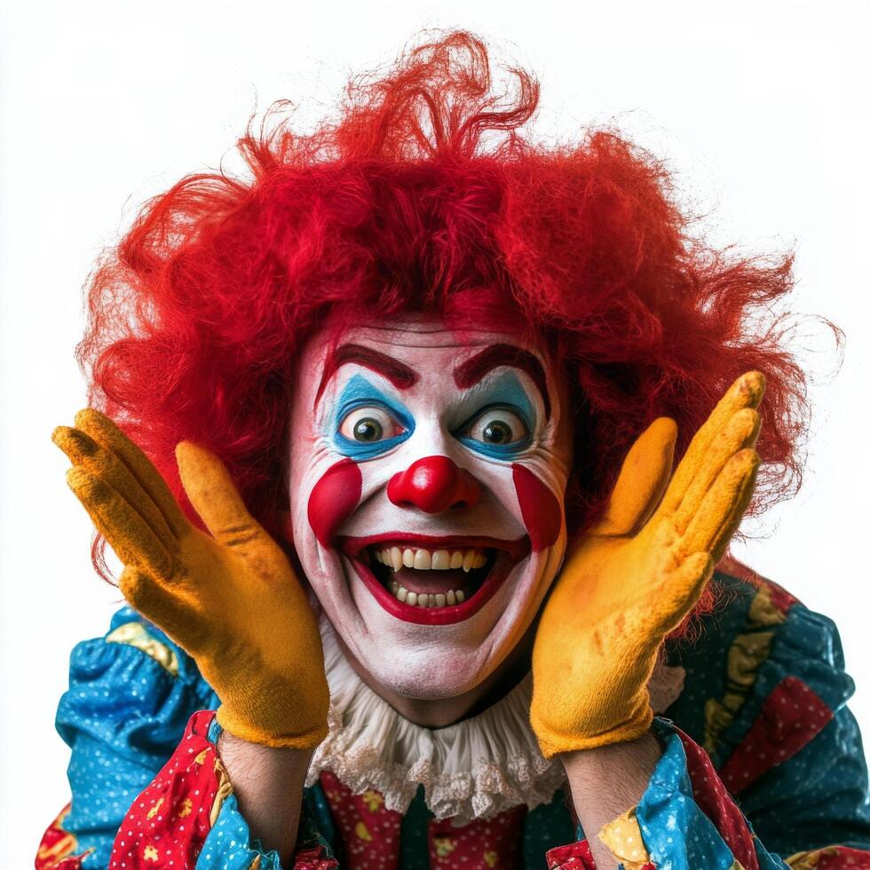Brightly colored clown with red hair and joyful expression showcasing playful energy in a cheerful atmosphere photo