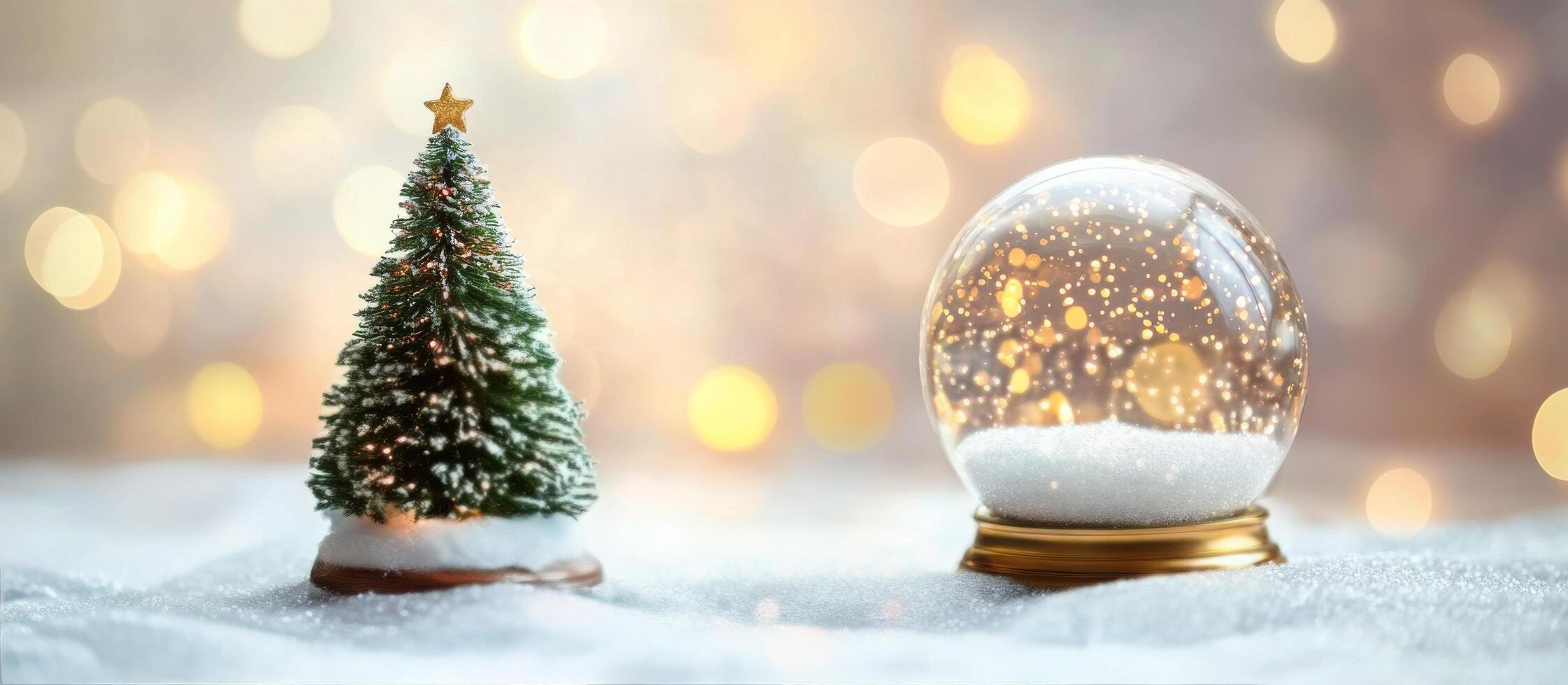 Christmas decorations featuring a small tree with lights and a snow globe filled with snowflakes and sparkles in photo
