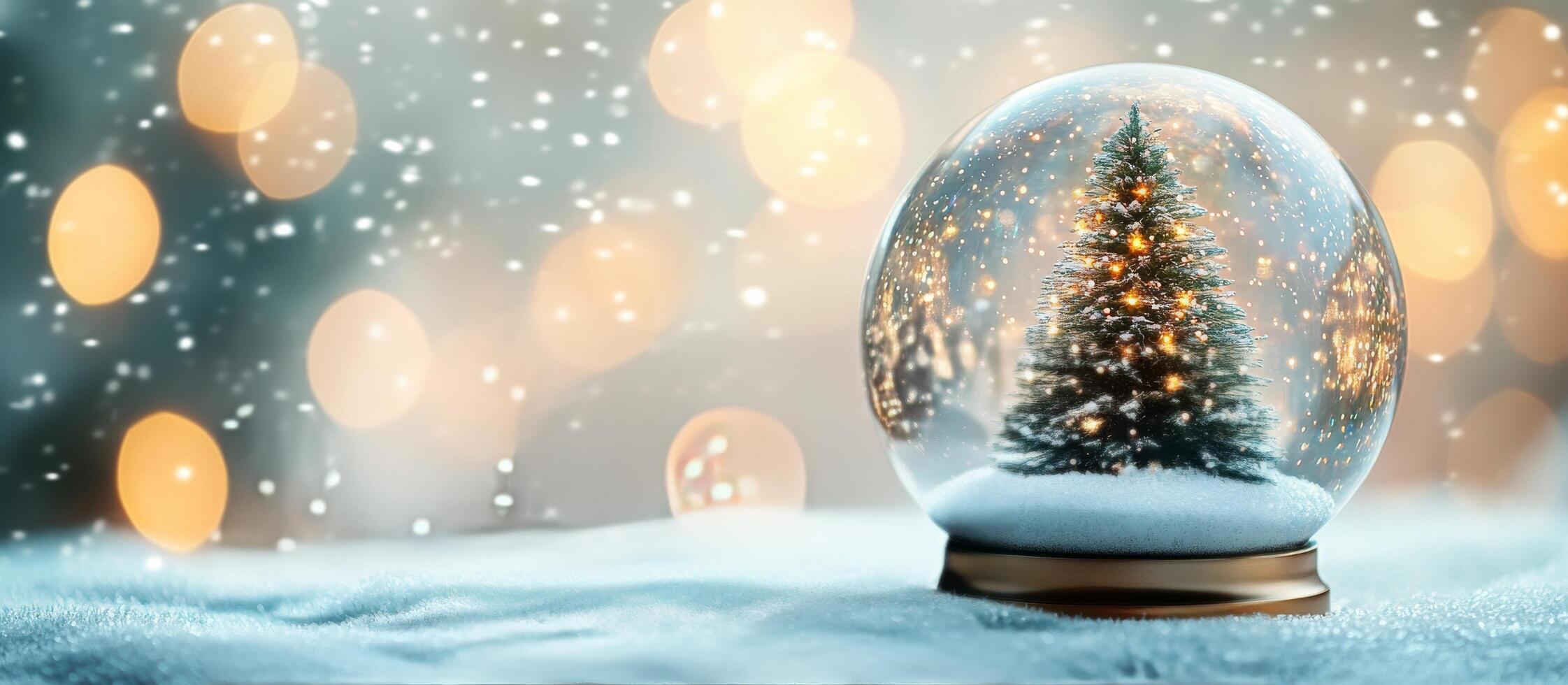 Christmas decorations featuring a small tree with lights and a snow globe filled with snowflakes and sparkles in photo