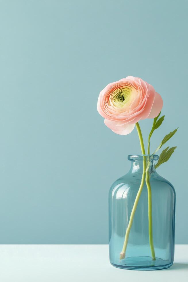 Vibrant pink ranunculus flower in a clear vintage vase against a soft blue background highlighting simple photo