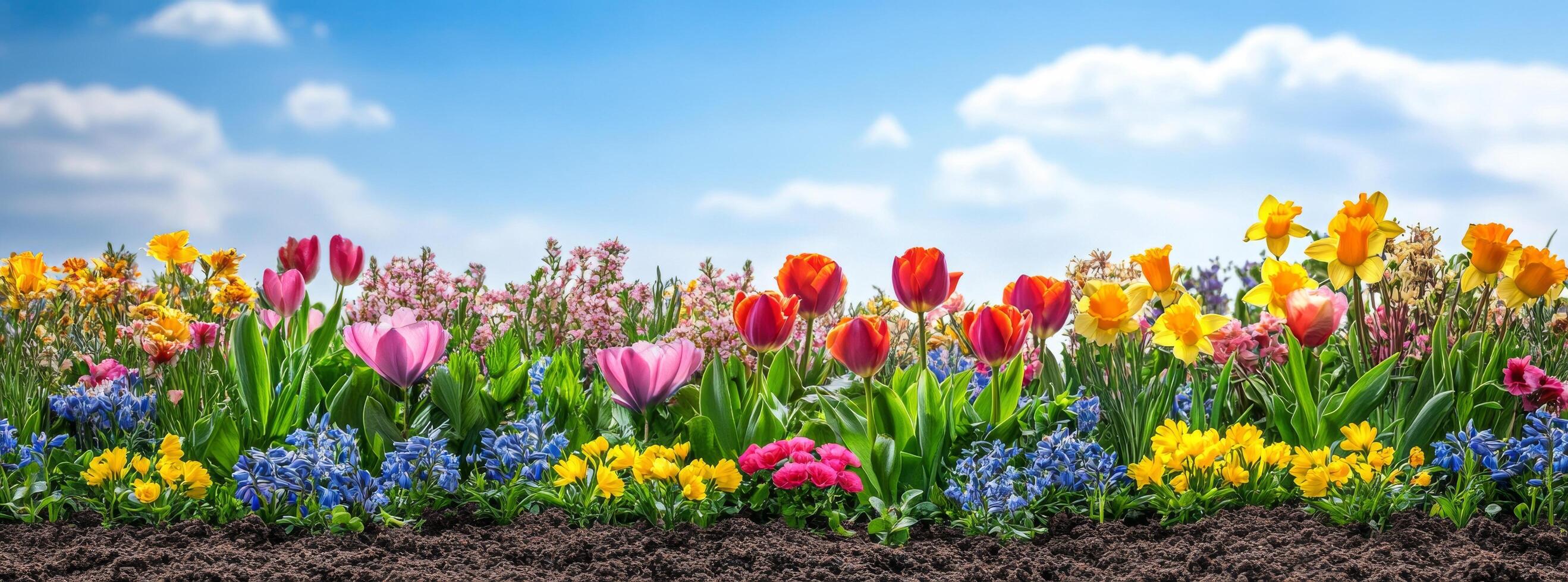 Vibrant flower garden in full bloom under a bright blue sky with fluffy clouds during spring season photo