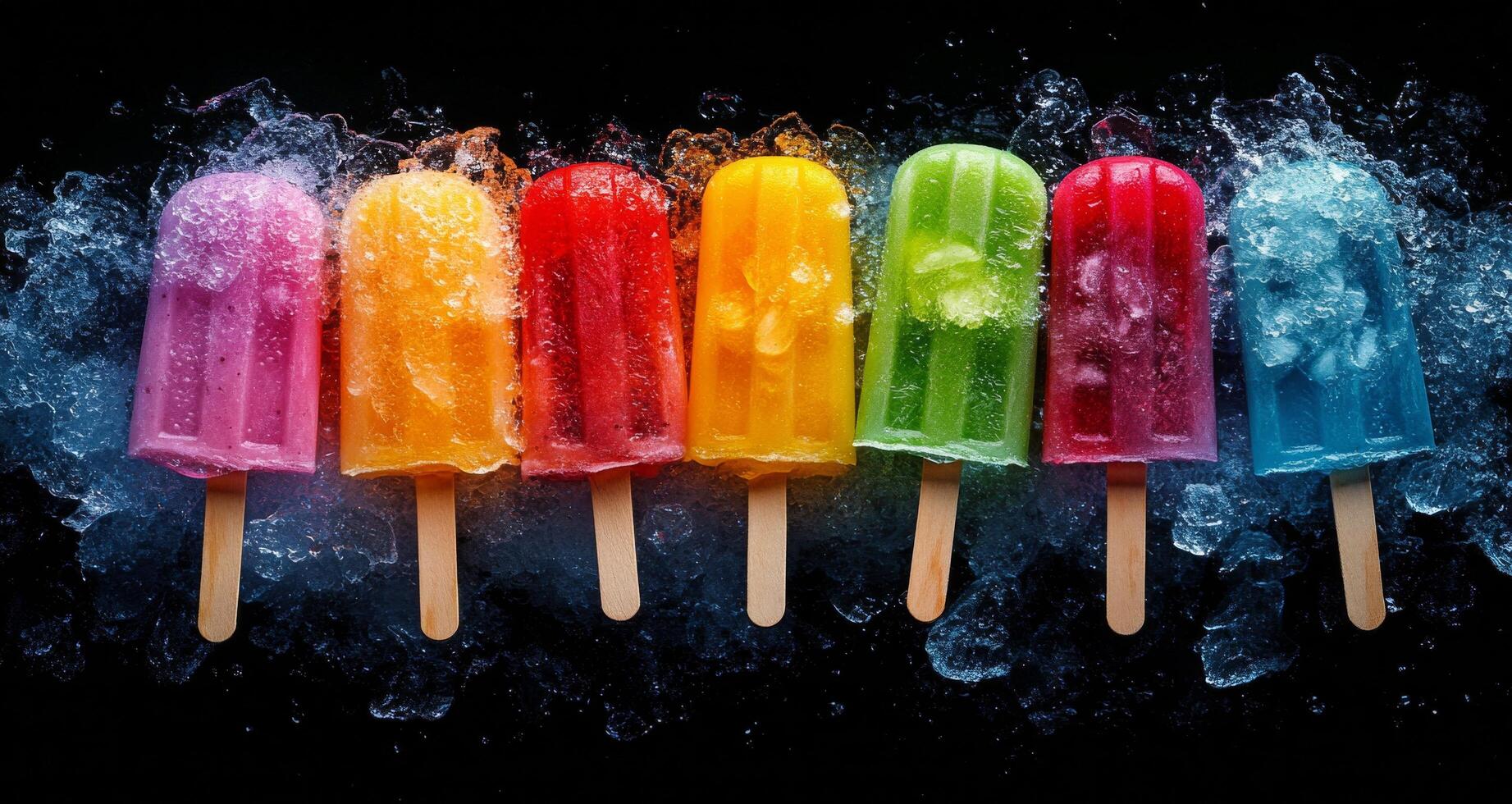 Colorful frozen treats arranged on a dark surface with fresh fruit and ice cubes, perfect for a refreshing photo
