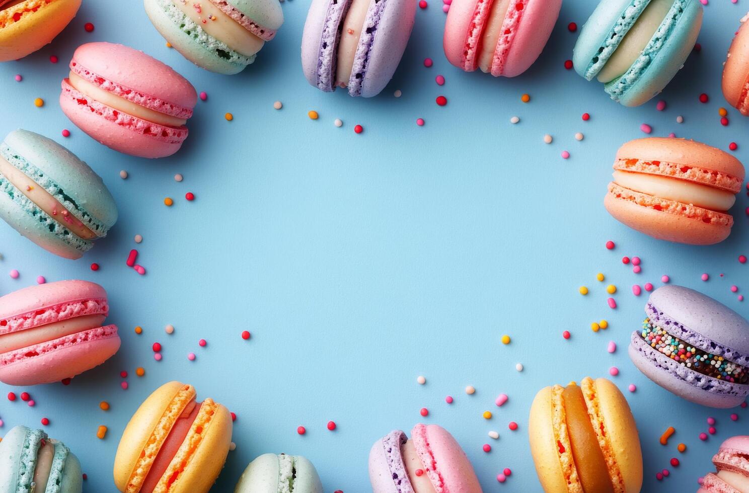 Colorful macarons arranged in a circular pattern on a light blue surface with sprinkles highlighting a playful photo