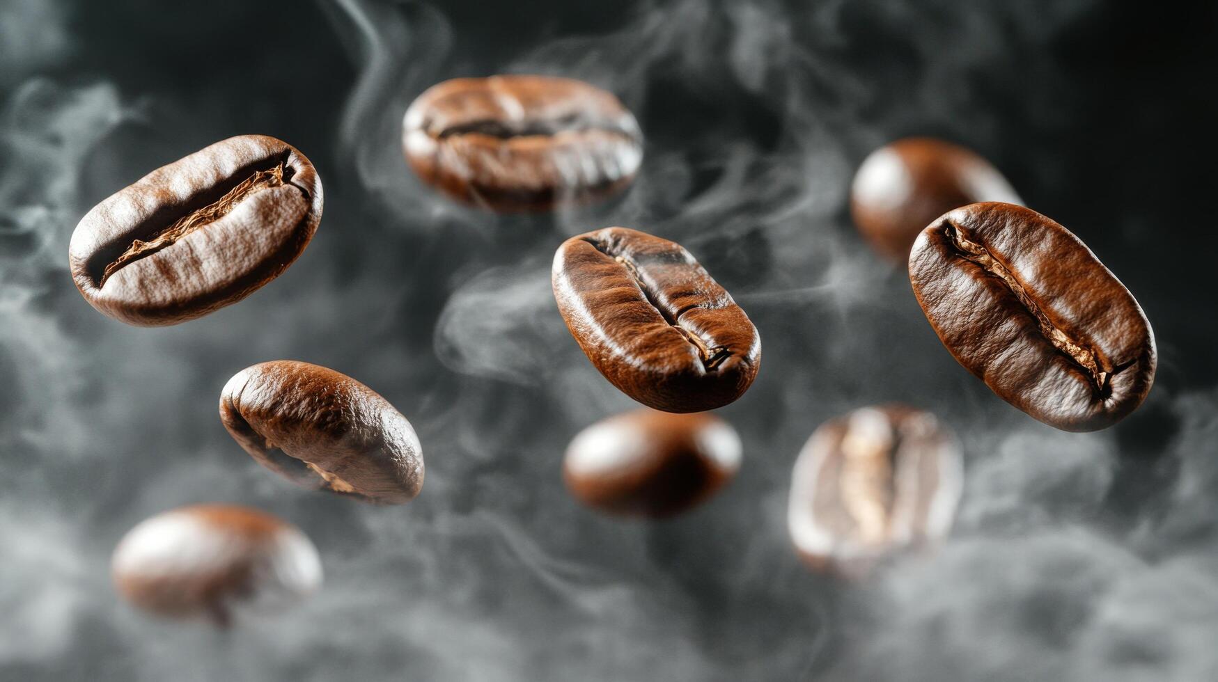 Dark roasted coffee beans suspended in the air with steam swirling around in a contrasting black background for photo