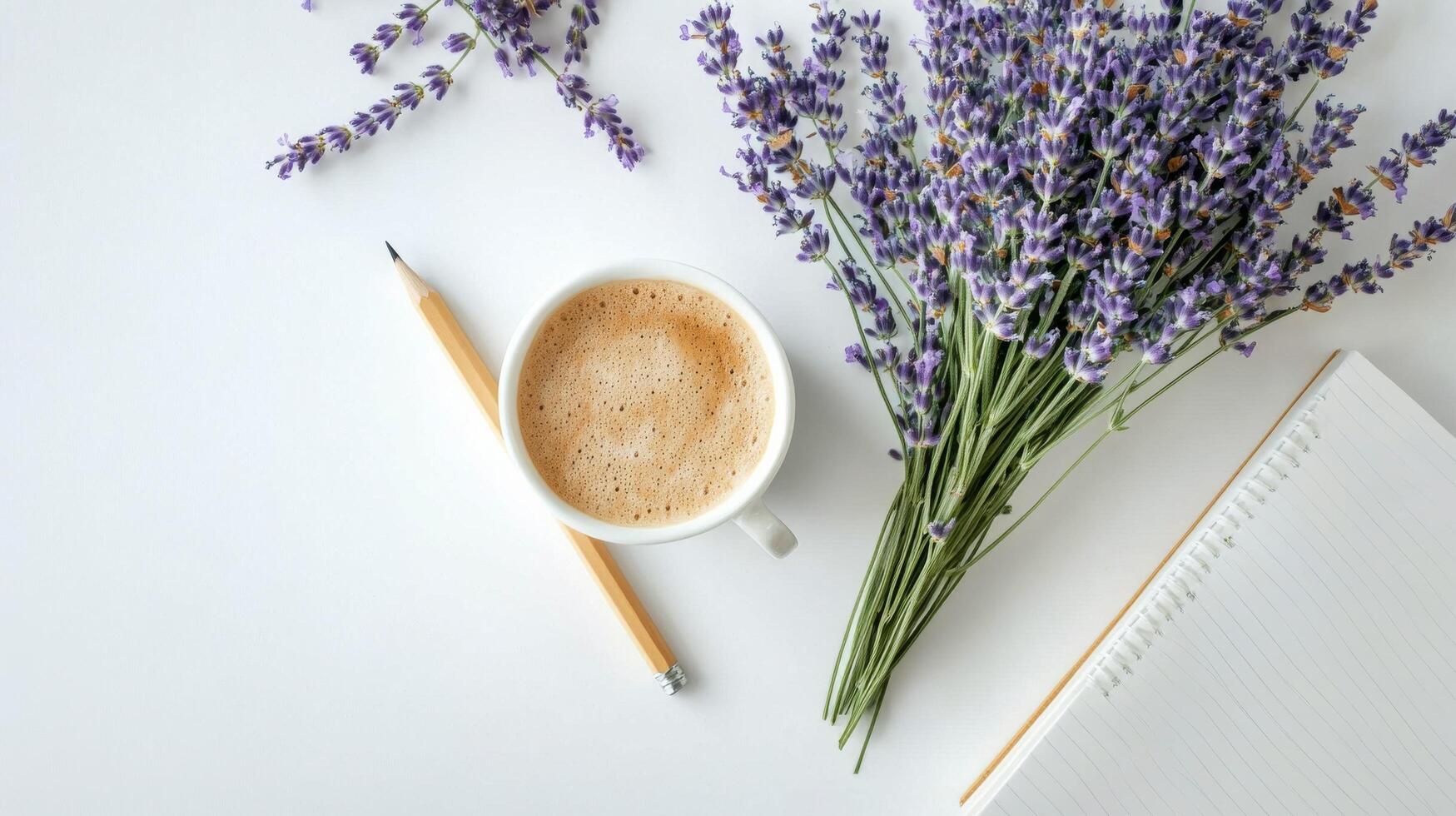 Scented lavender in a small pot beside a cup of coffee and a notepad on a clean white table in a cozy workspace photo