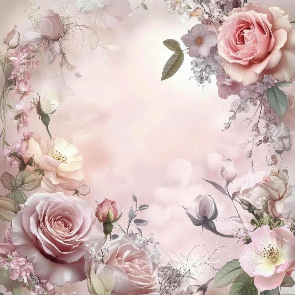 Beautiful arrangement of pink roses and delicate blossoms creates an elegant floral backdrop for various photo