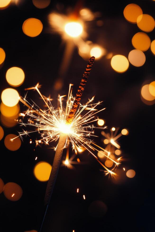 Sparkler shines brightly in a dark night, illuminating the festive atmosphere with glowing sparks and a magical photo